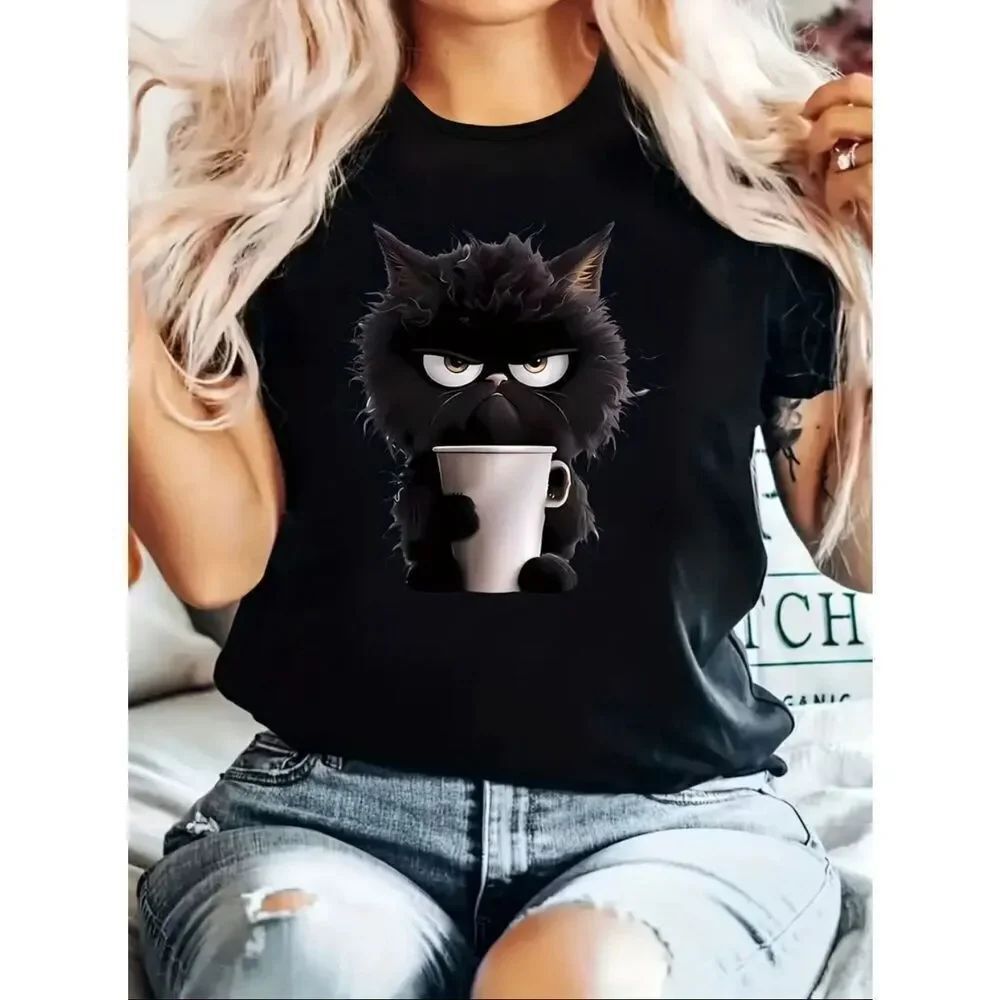 New 3XL Black Angry Cat Drinking Coffee Print crew neck Short Sleeve T Shirt